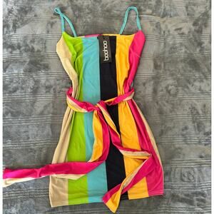 NWT Boohoo Colorful Striped Strappy Bodycon Mini Dress Waist Tie Women's 4